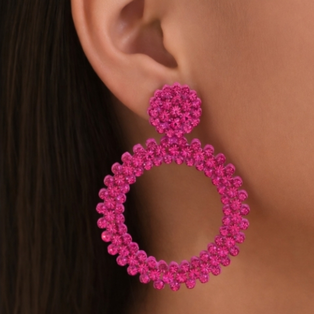 Bright Pink Crystal Circle Drop Earrings